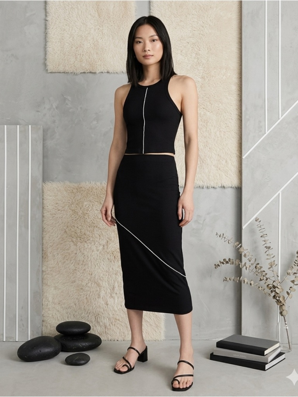 Black Ribbed Midi Skirt with Contrast Stitching